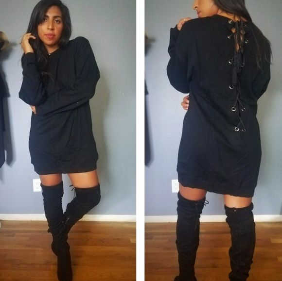 SPRING DEAL//BLACK LACE UP BACK SWEATER DRESS - Picture 4 of 5